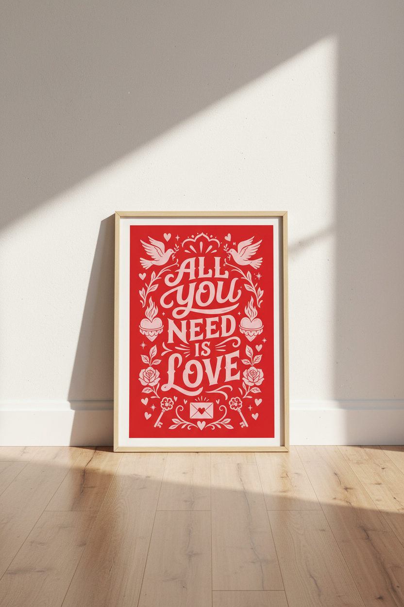 All You Need Is Love Wall Art Print | Red Folk Art Poster | Romantic Bedroom Decor