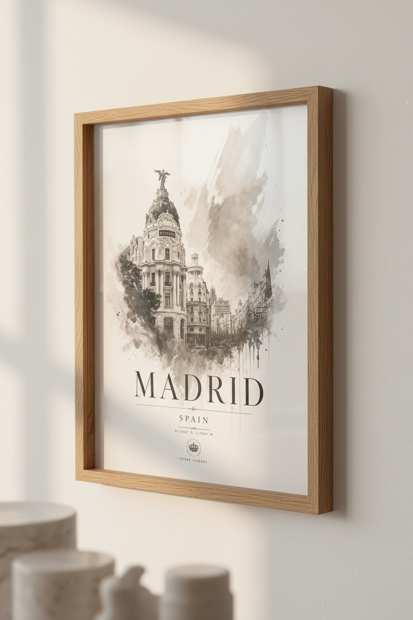Madrid Spain Cityscape | Black and White Watercolor Art, Travel Gift &amp; Poster
