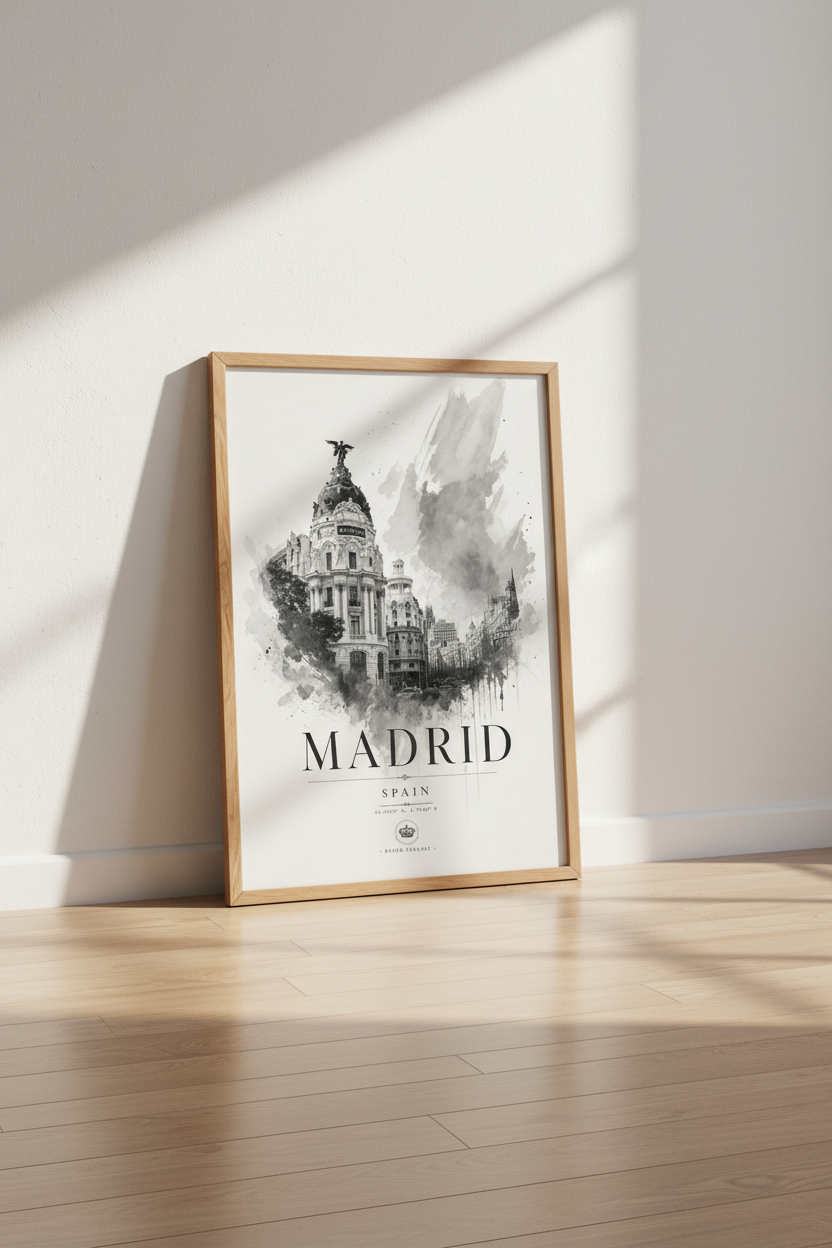 Madrid Spain Cityscape | Black and White Watercolor Art, Travel Gift &amp; Poster