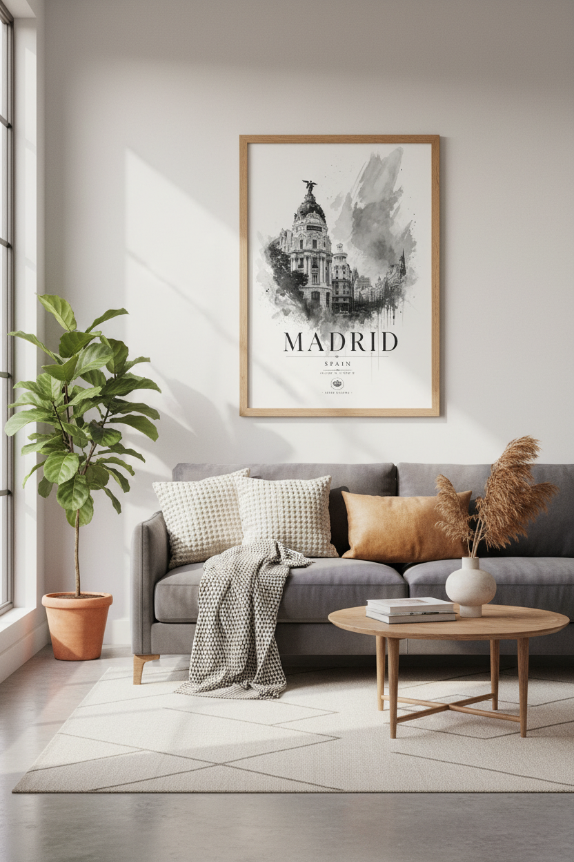 Madrid Spain Cityscape | Black and White Watercolor Art, Travel Gift &amp; Poster