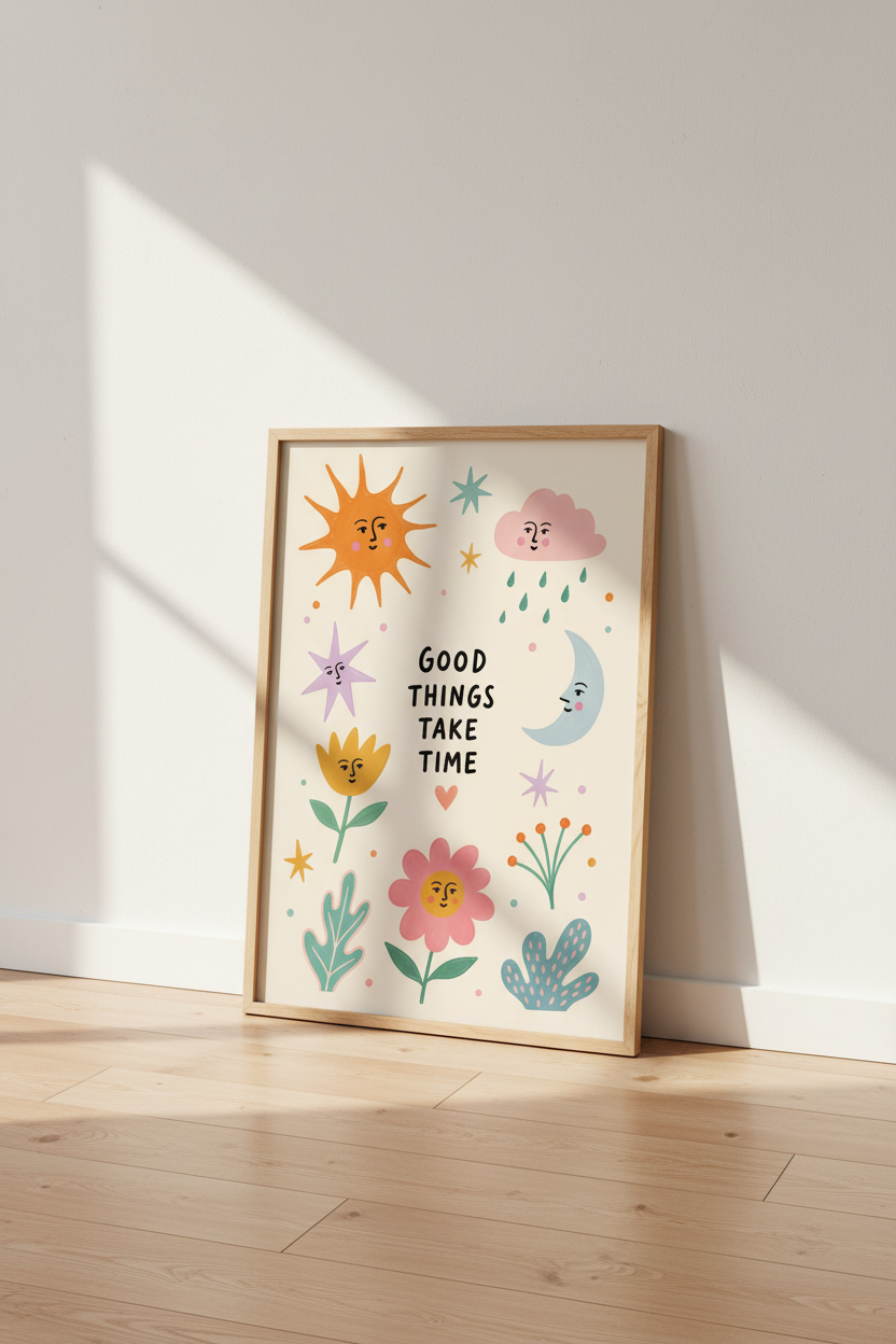 Whimsical Floral Art | Vibrant Sun Moon Flowers Living Room Decor