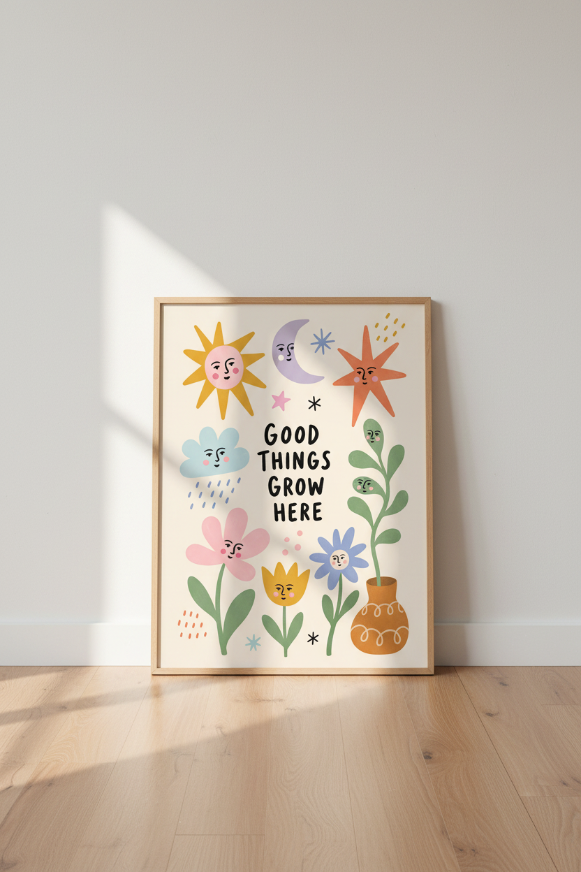 Whimsical Floral Art | Vibrant Sun Moon Flowers Living Room Decor
