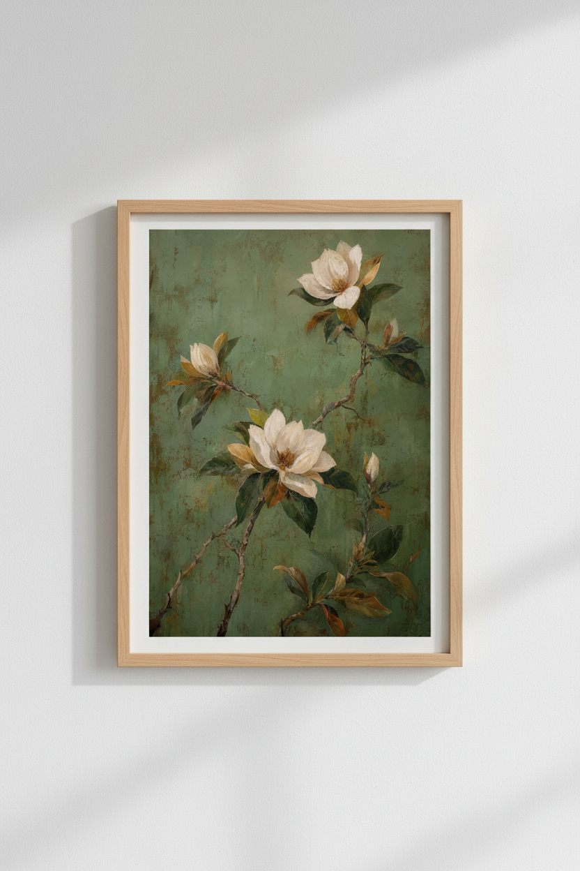 Botanical Wall Art | Vintage Magnolia, Sage Green Decor | Living Room Poster