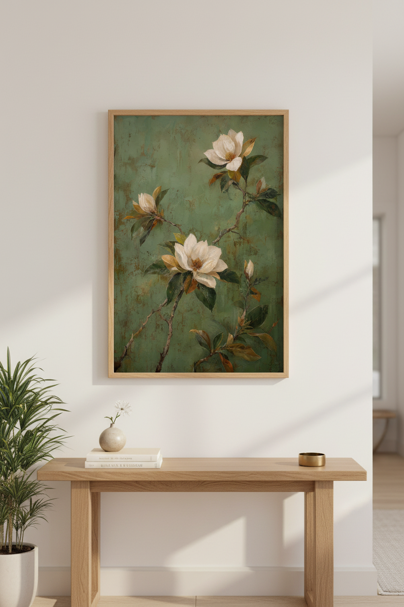 Botanical Wall Art | Vintage Magnolia, Sage Green Decor | Living Room Poster