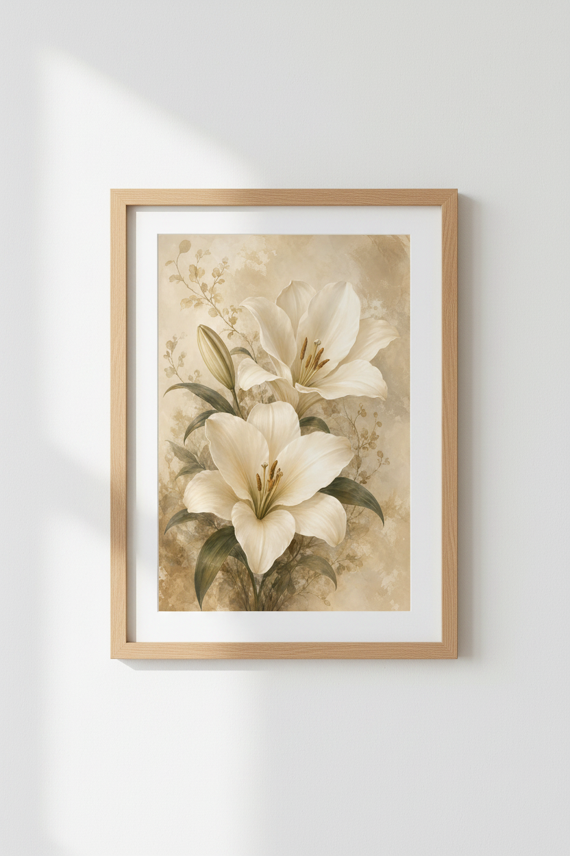 Botanical Lily Wall Art Print | Living Room Decor | Vintage Beige Poster