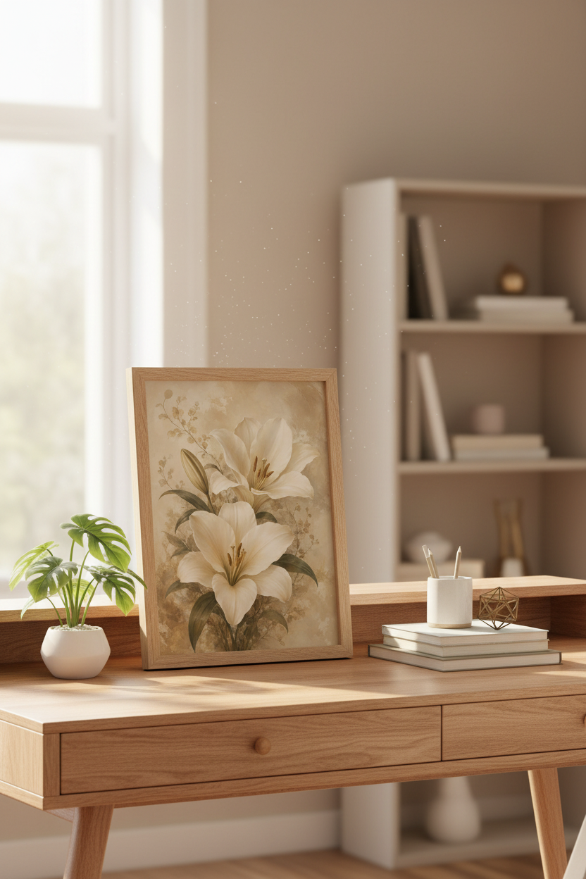 Botanical Lily Wall Art Print | Living Room Decor | Vintage Beige Poster