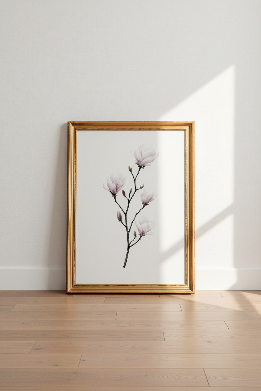 Magnolia wall art | Watercolor pink petals, minimalist decor | Living room print