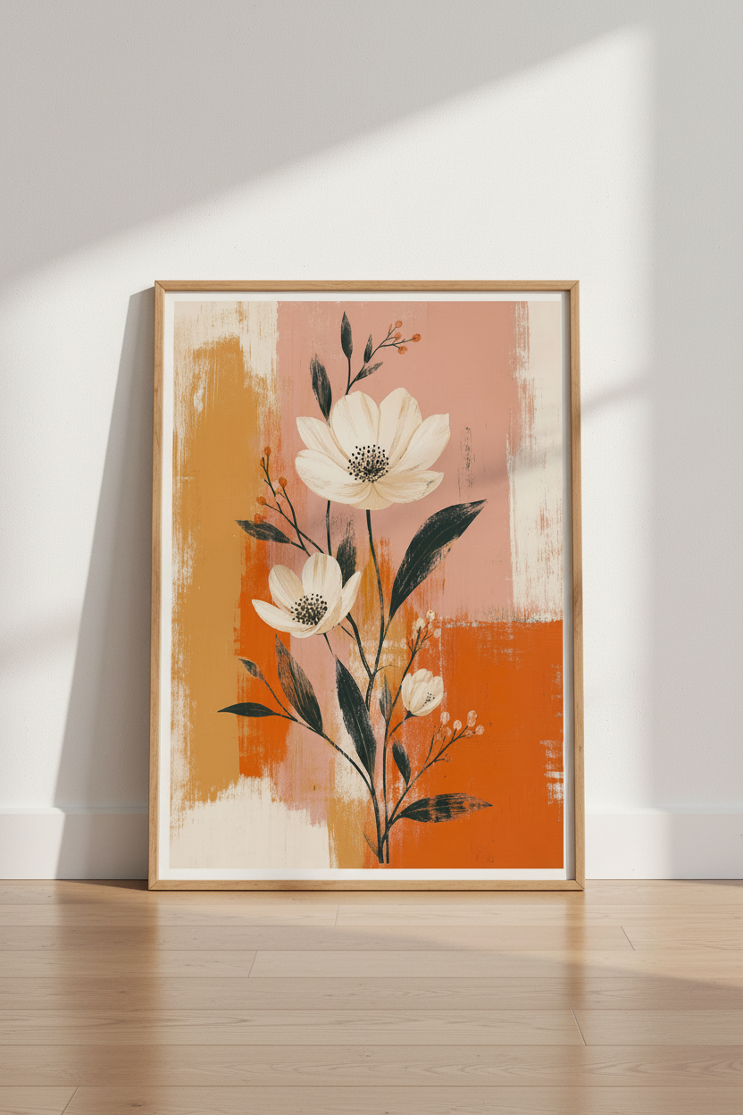 Boho Floral Wall Art Print | Terracotta Abstract Botanical, Living Room Decor