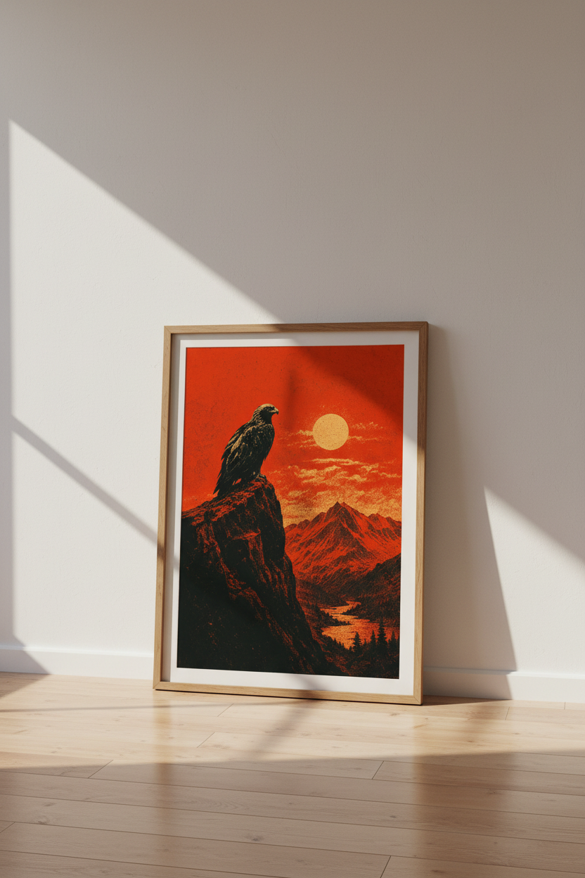Golden Eagle Mountain Wall Art | Red Sunset Landscape, Rustic Cabin Decor
