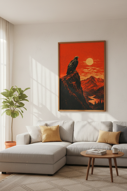 Golden Eagle Mountain Wall Art | Red Sunset Landscape, Rustic Cabin Decor
