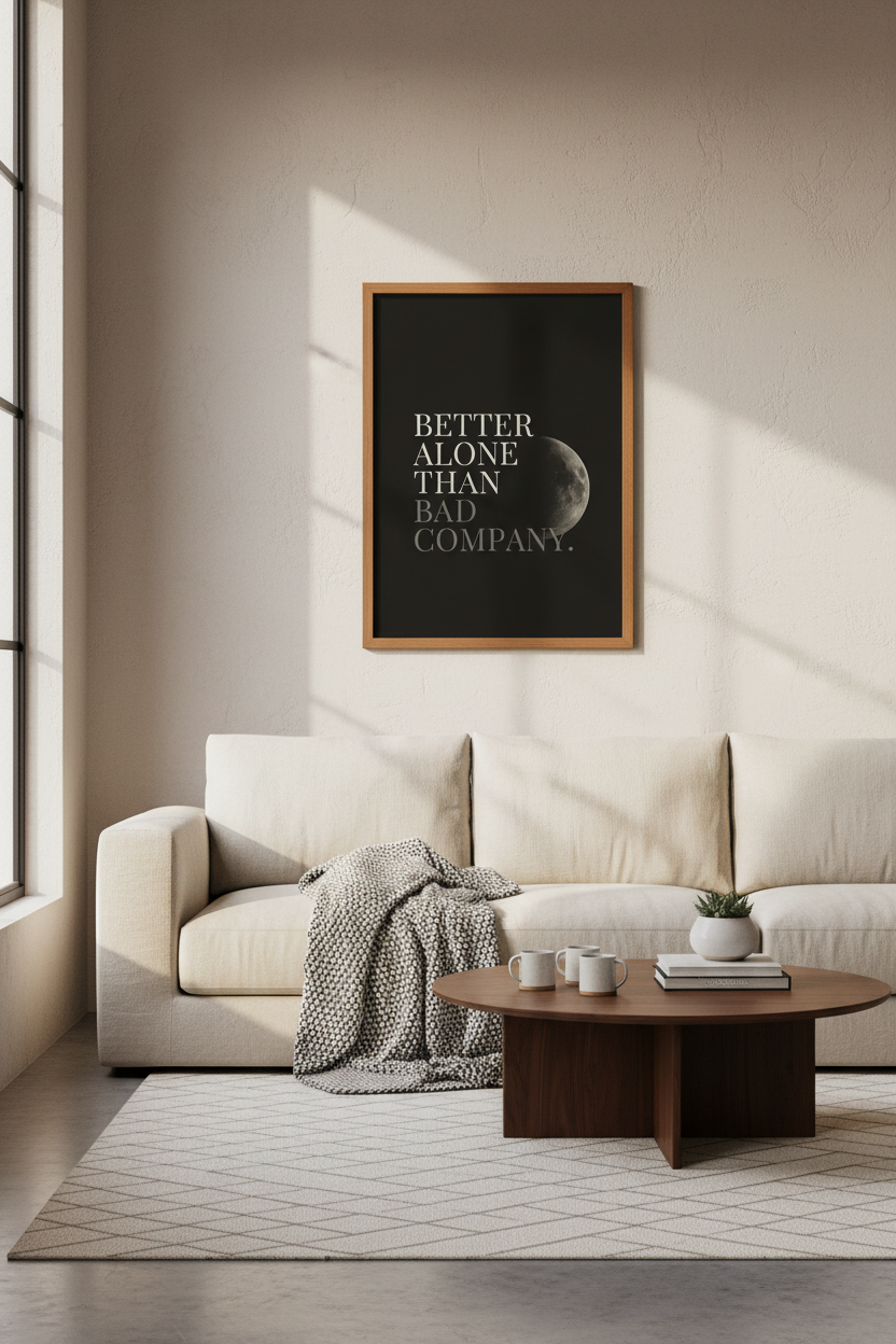 Better Alone Quote Moon Art | Minimalist Dark Poster, Bedroom Decor
