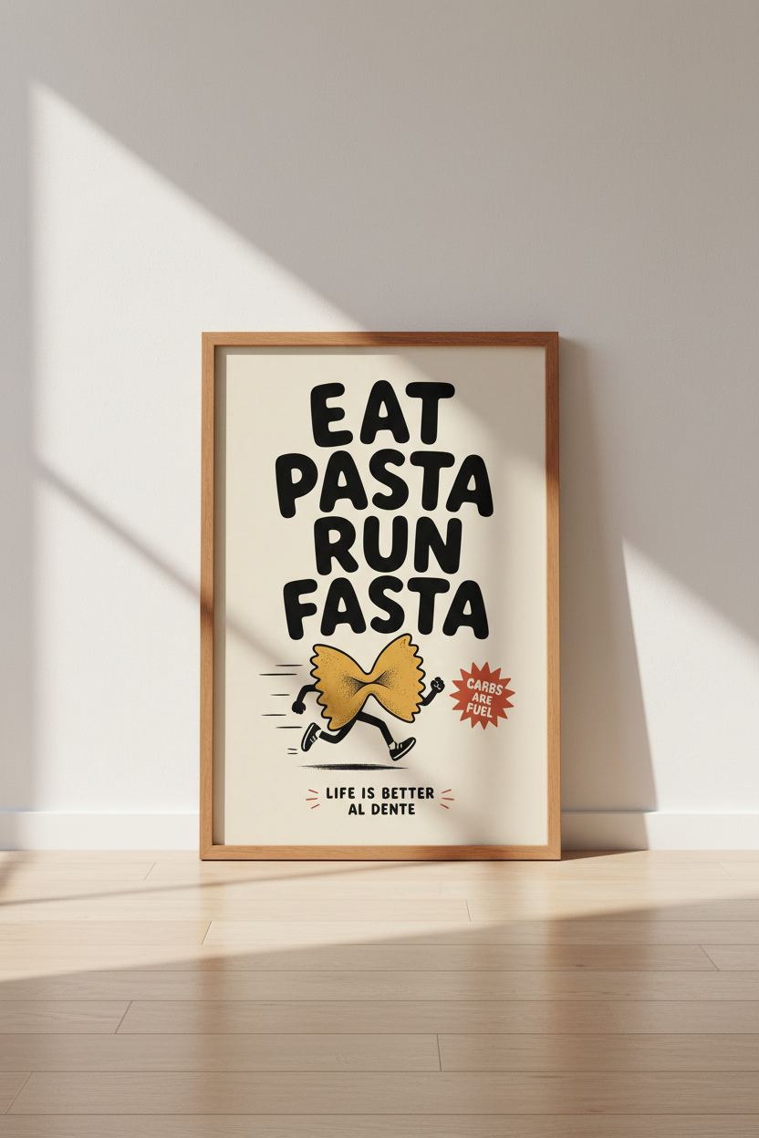 Eat Pasta Run Fasta Art Print | Funny Runner Kitchen Decor | Retro Fitness Poster