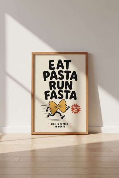 Eat Pasta Run Fasta Art Print | Funny Runner Kitchen Decor | Retro Fitness Poster