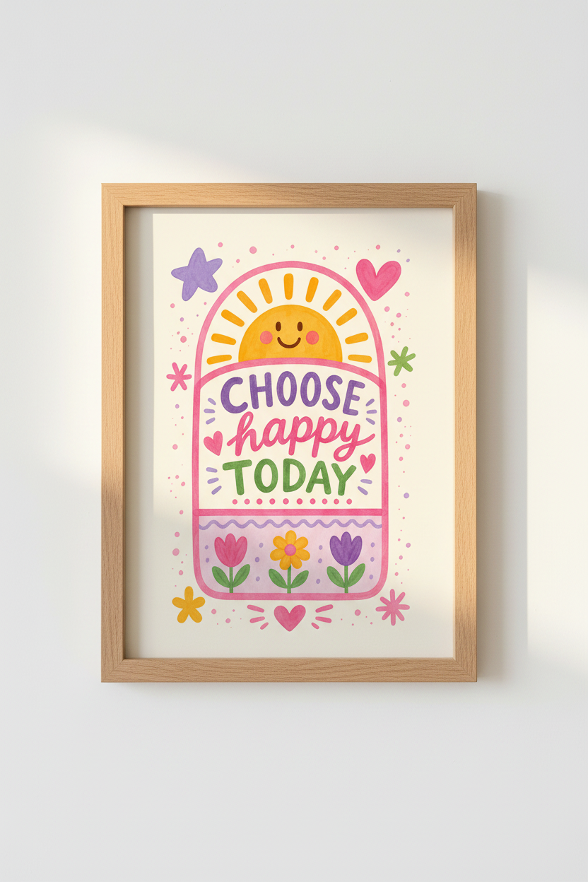 Choose Happy Wall Art Print | Colorful Nursery Decor | Positive Quote Poster