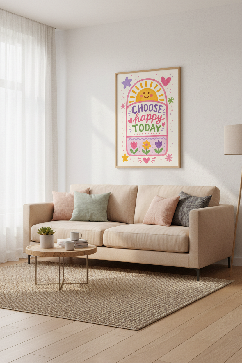 Choose Happy Wall Art Print | Colorful Nursery Decor | Positive Quote Poster