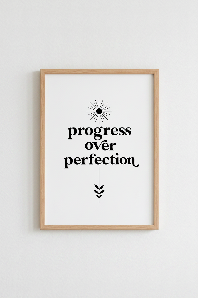 Progress Over Perfection Print | Minimalist Boho Office Decor | Modern Quote Poster
