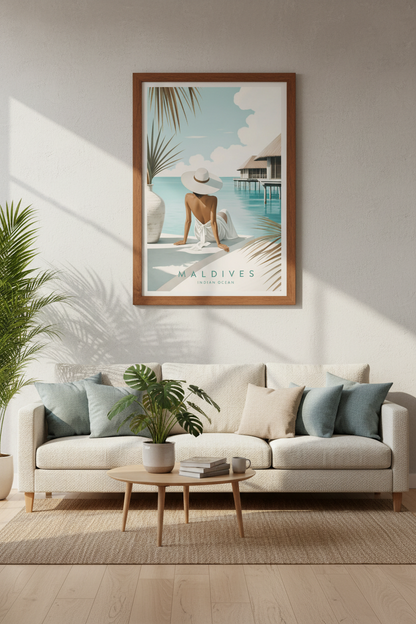 Maldives Travel Poster | Minimalist Coastal Wall Art Print, Luxury Beach Decor