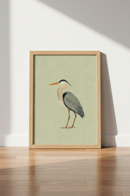 Great Blue Heron | Vintage Coastal Style Illustration, Living Room Wall Art Poster