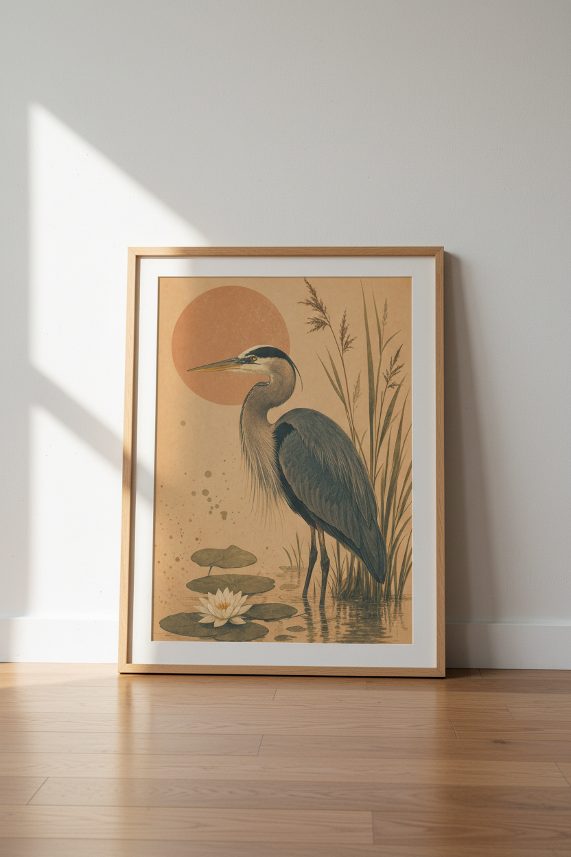 Great Blue Heron | Japanese Style Bird Art, Vintage Woodblock Poster Print