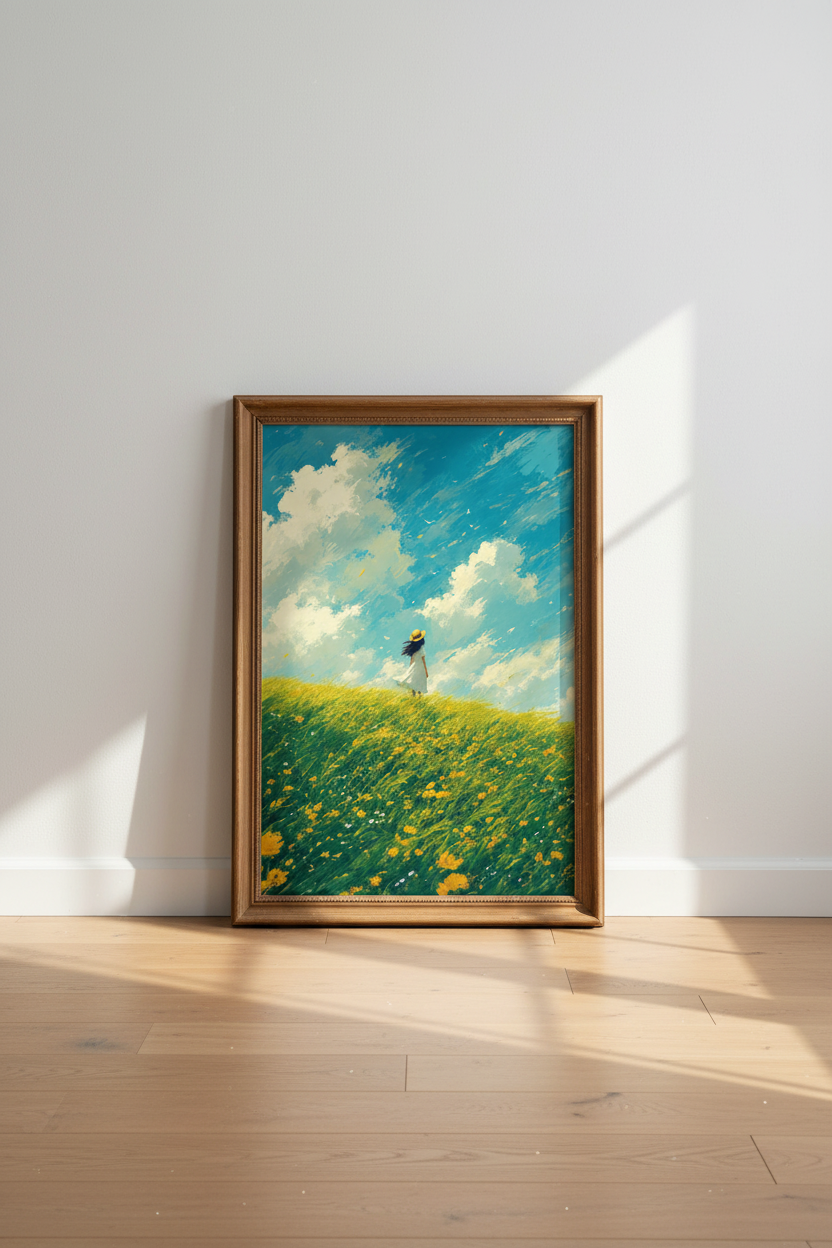Anime Meadow Landscape Wall Art | Ghibli Style Wildflower Decor | Summer Sky Poster