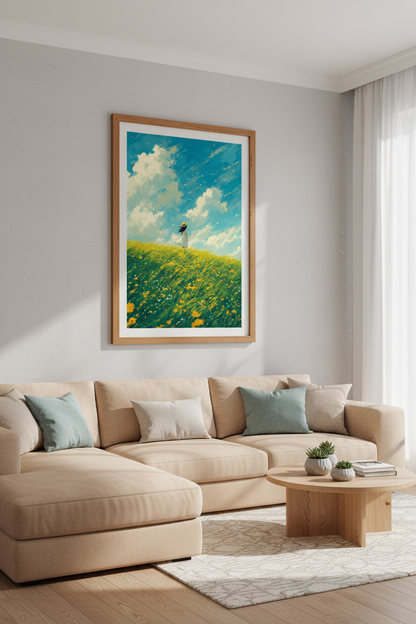 Anime Meadow Landscape Wall Art | Ghibli Style Wildflower Decor | Summer Sky Poster
