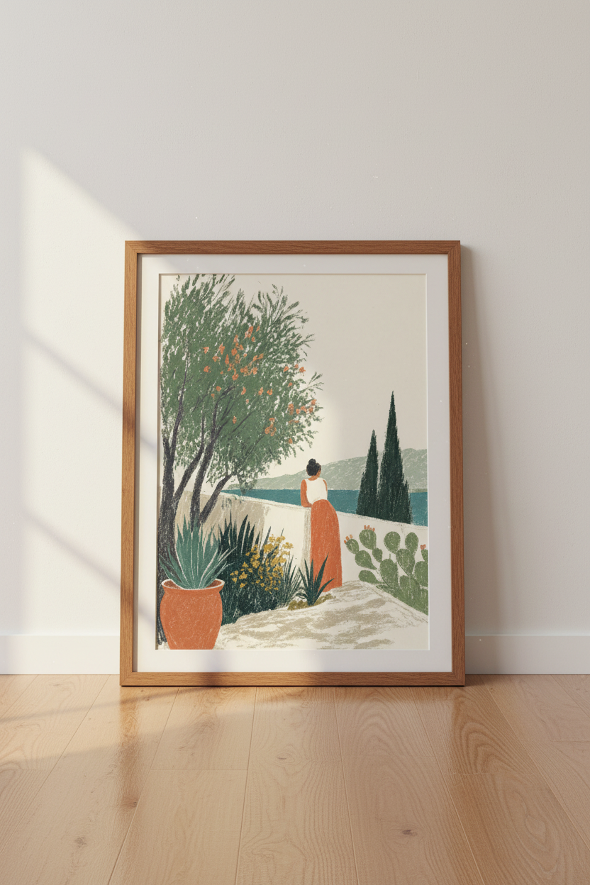 Mediterranean Summer Terrace | Coastal Boho Landscape Art Print, Living Room Decor