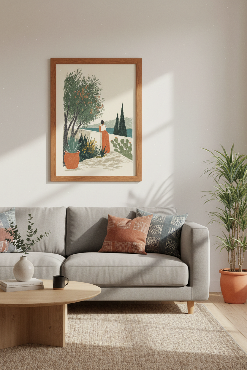 Mediterranean Summer Terrace | Coastal Boho Landscape Art Print, Living Room Decor