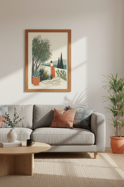 Mediterranean Summer Terrace | Coastal Boho Landscape Art Print, Living Room Decor