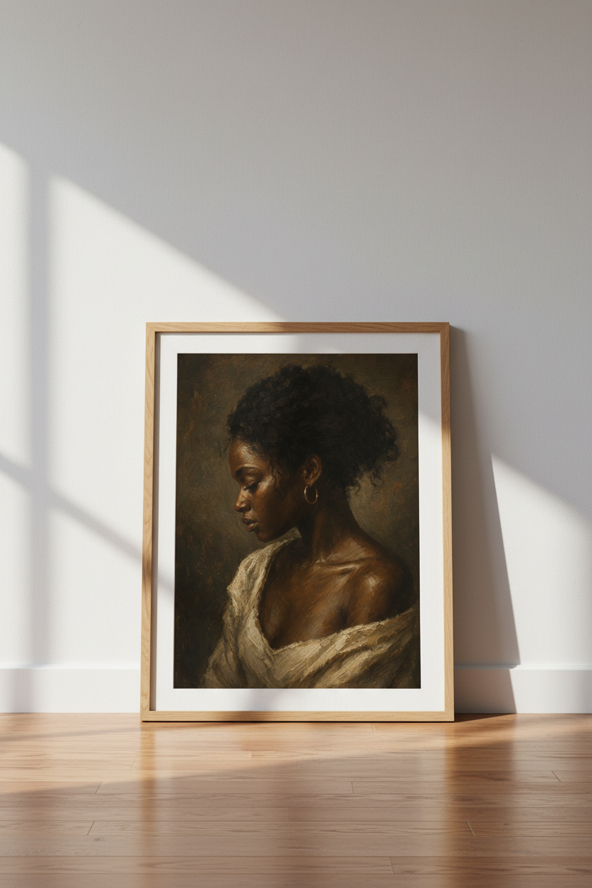 Black Woman Portrait Oil Painting | Moody Earth Tone Wall Art, Elegant Living Room Decor