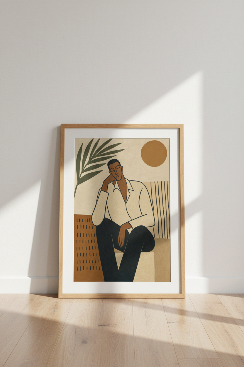 Abstract Black Man Portrait | Terracotta Earthy Tones, Modern Living Room Decor