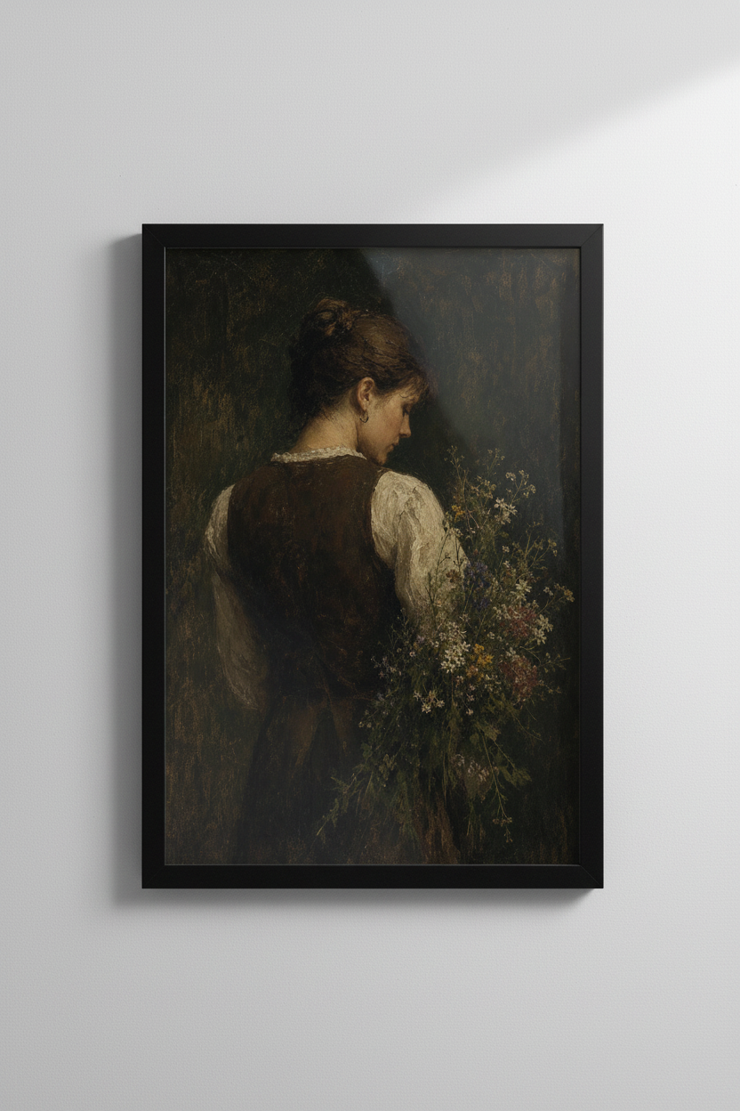 Moody Woman with Flowers Oil Painting | Moody Dark Academia | Vintage Portrait Poster