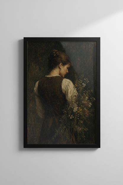 Moody Woman with Flowers Oil Painting | Moody Dark Academia | Vintage Portrait Poster