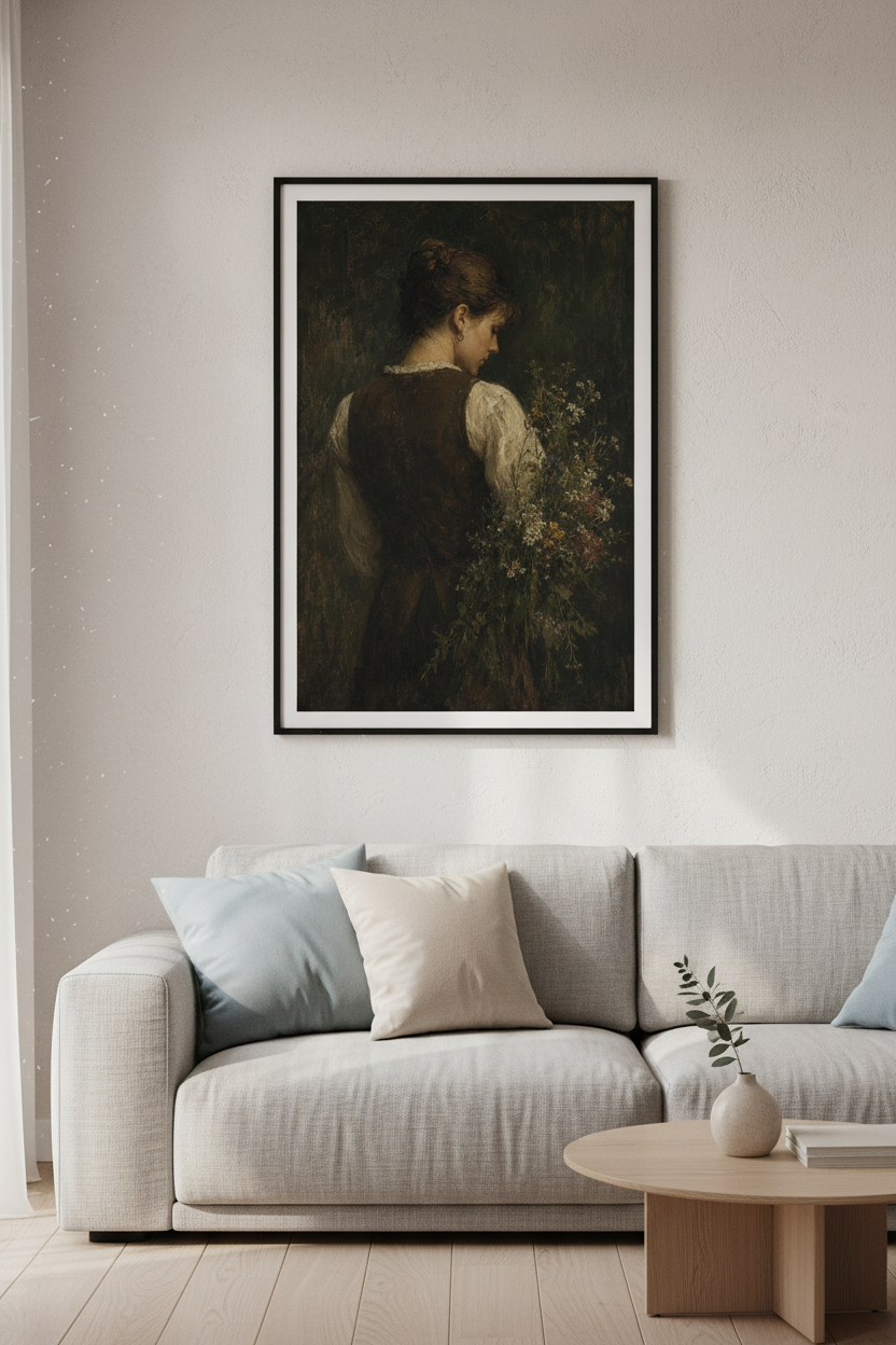 Moody Woman with Flowers Oil Painting | Moody Dark Academia | Vintage Portrait Poster