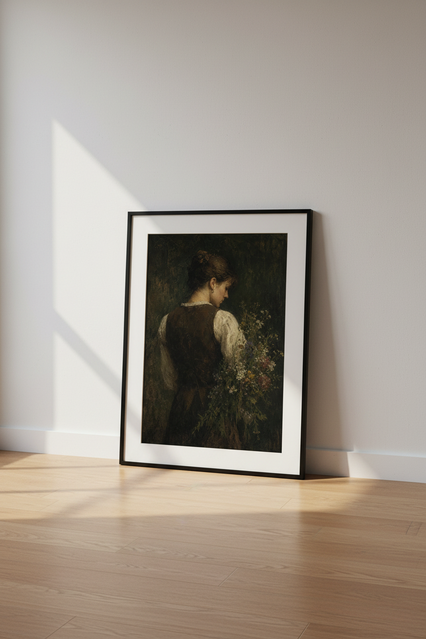 Moody Woman with Flowers Oil Painting | Moody Dark Academia | Vintage Portrait Poster