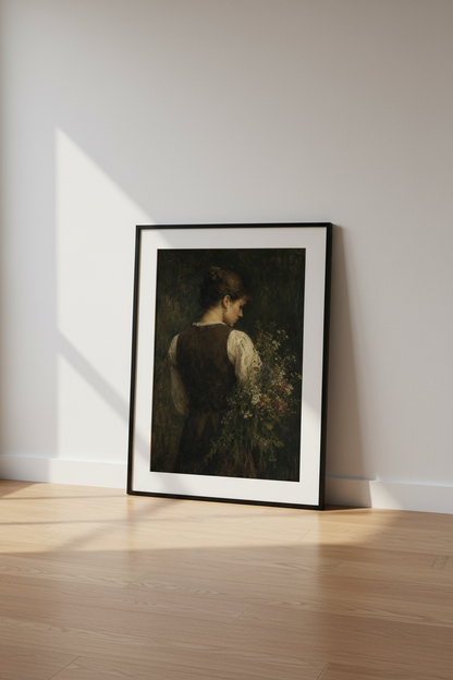 Moody Woman with Flowers Oil Painting | Moody Dark Academia | Vintage Portrait Poster