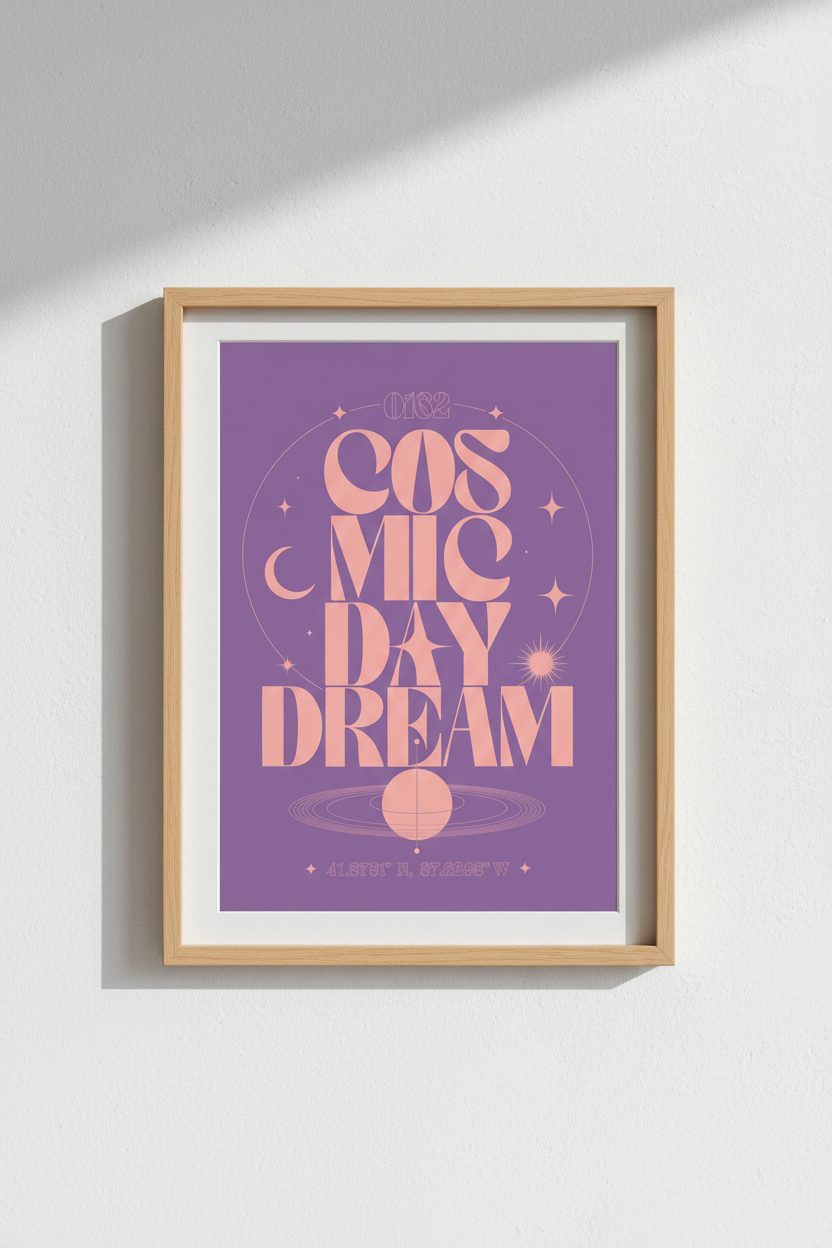 Cosmic Daydream Wall Art | Retro Celestial Typography, Lavender Purple Bedroom Decor