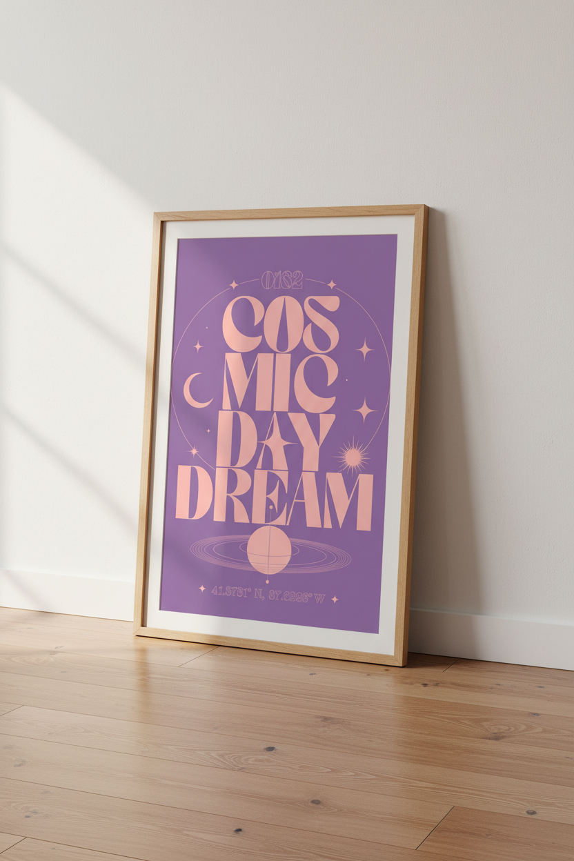 Cosmic Daydream Wall Art | Retro Celestial Typography, Lavender Purple Bedroom Decor