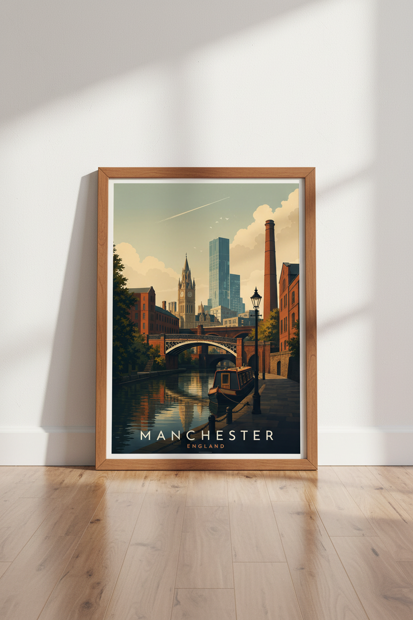 Manchester England Travel Poster | Vintage Style Cityscape | Industrial Bridge Wall Art