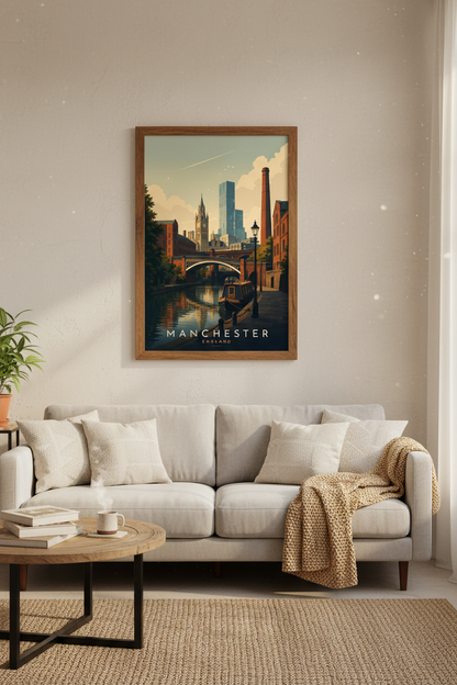Manchester England Travel Poster | Vintage Style Cityscape | Industrial Bridge Wall Art