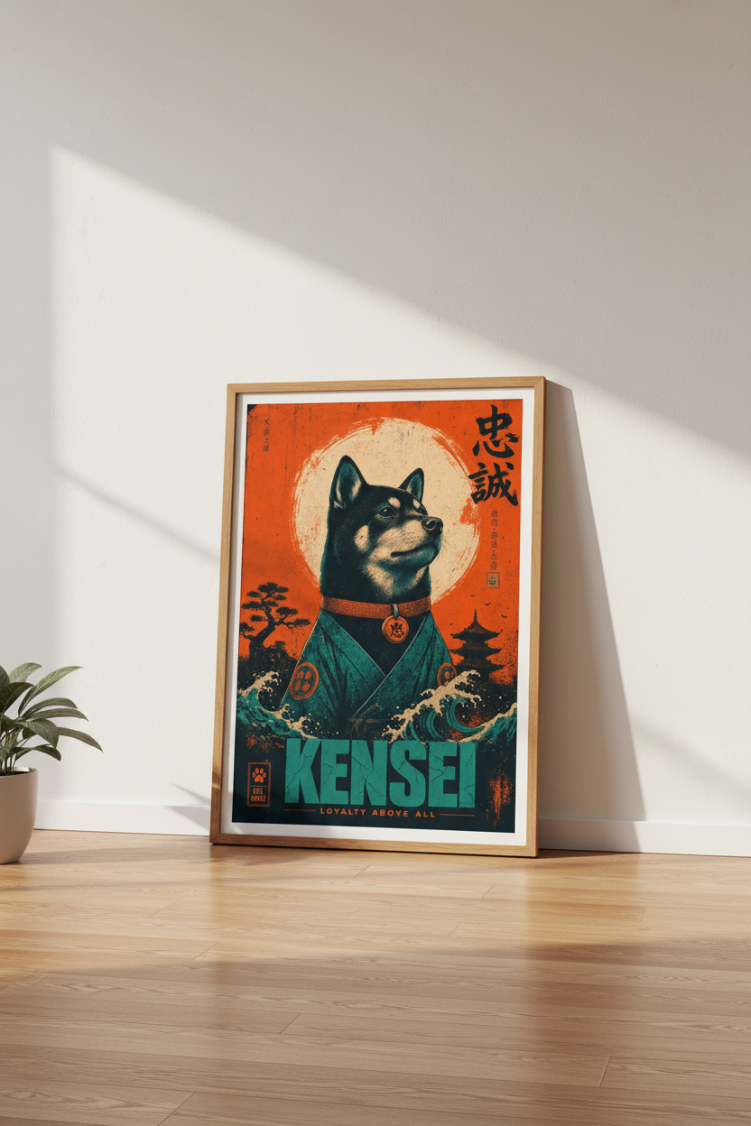 Samurai Shiba Inu Wall Art | Japanese Ukiyo-e Poster | Modern Home Office Decor