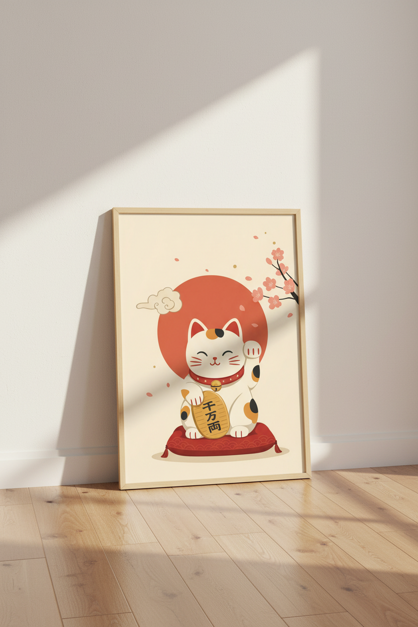 Japanese Lucky Cat Maneki Neko Wall Art Print | Zen Room Decor | Boho Poster
