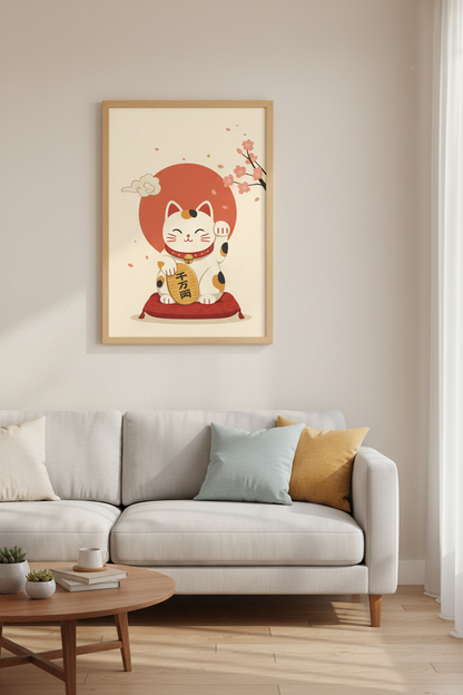 Japanese Lucky Cat Maneki Neko Wall Art Print | Zen Room Decor | Boho Poster