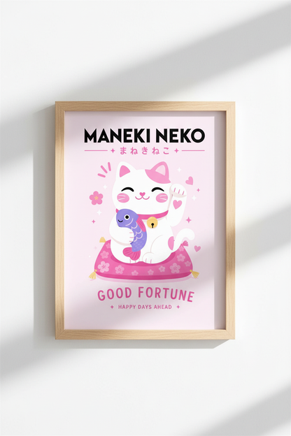 Kawaii Japanese Wall Art | Maneki Neko Lucky Cat Poster | Pink Pastel Room Decor