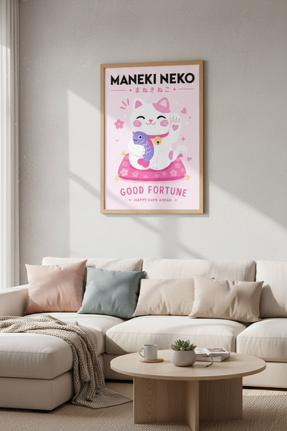 Kawaii Japanese Wall Art | Maneki Neko Lucky Cat Poster | Pink Pastel Room Decor
