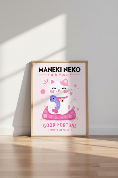 Kawaii Japanese Wall Art | Maneki Neko Lucky Cat Poster | Pink Pastel Room Decor