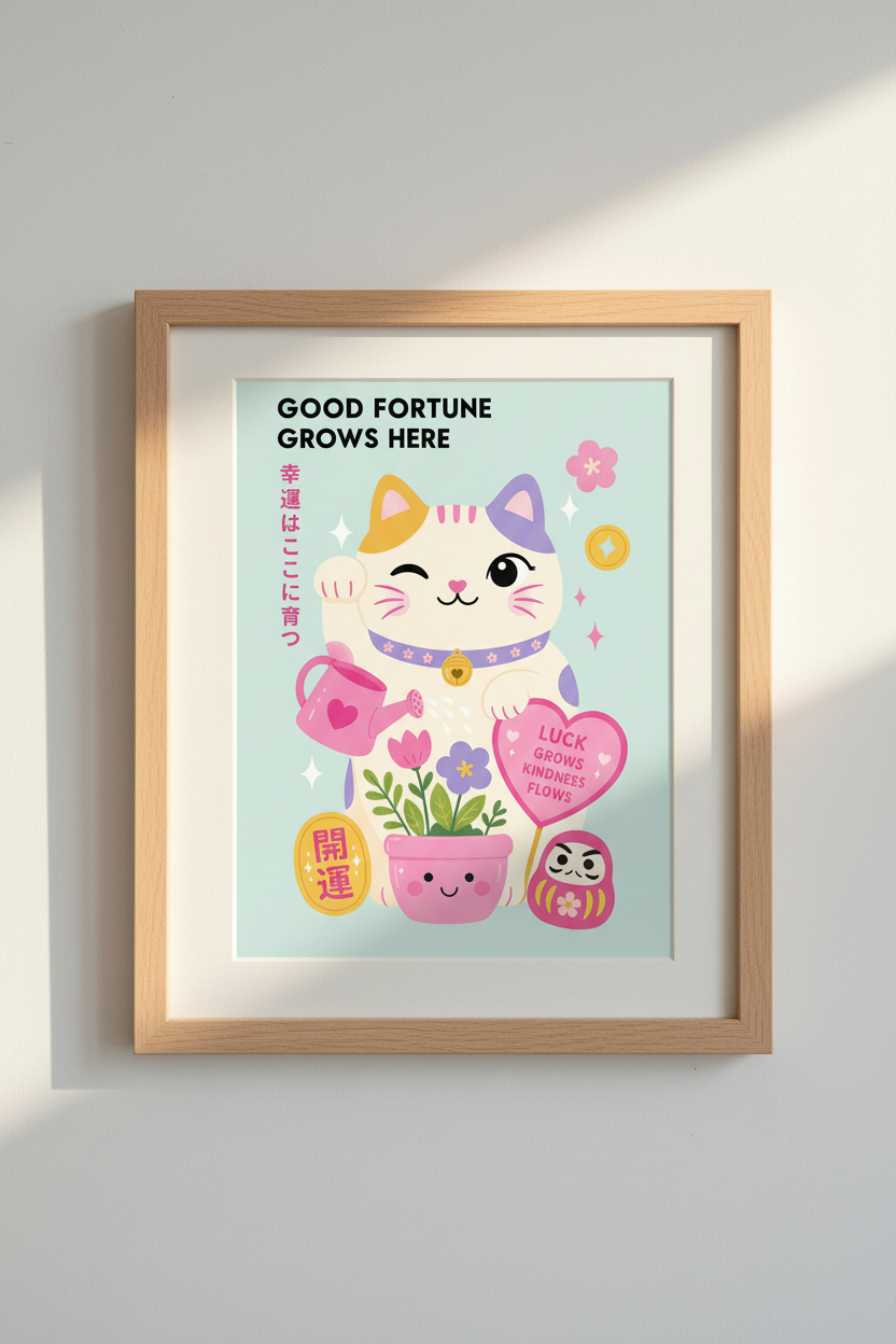 Kawaii Lucky Cat Print | Lucky Grows Kindness | Pastel Japanese Nursery Decor