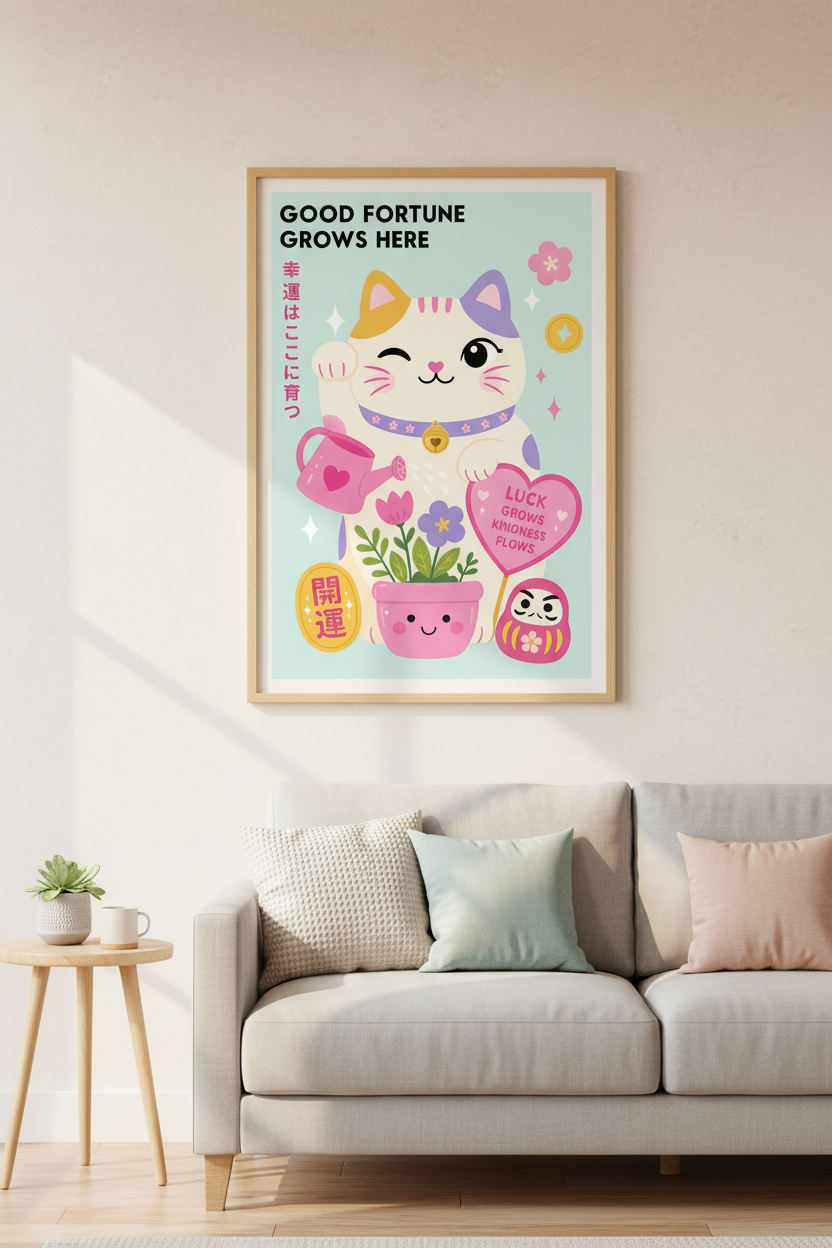 Kawaii Lucky Cat Print | Lucky Grows Kindness | Pastel Japanese Nursery Decor