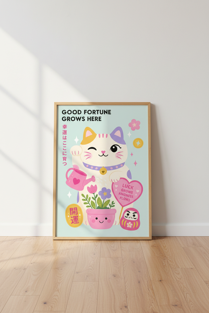Kawaii Lucky Cat Print | Lucky Grows Kindness | Pastel Japanese Nursery Decor