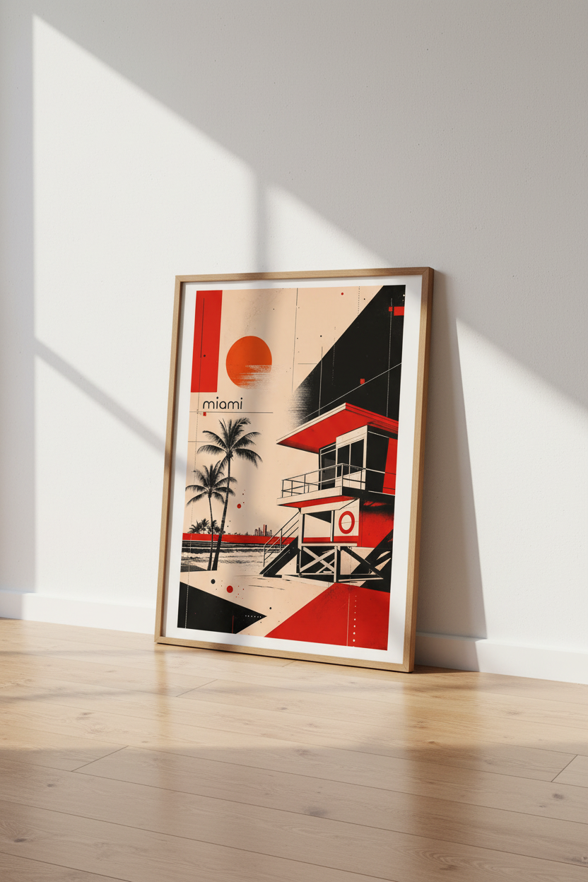 Miami Beach Poster | Red &amp; Black Bauhaus Style, Modern Coastal Living Room Decor