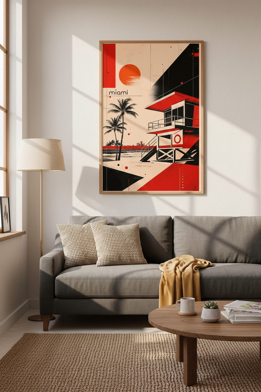 Miami Beach Poster | Red &amp; Black Bauhaus Style, Modern Coastal Living Room Decor